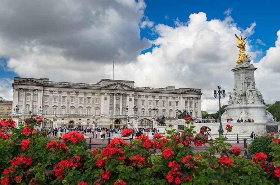 Buckingham Palace, with red geraniums in the foreground.