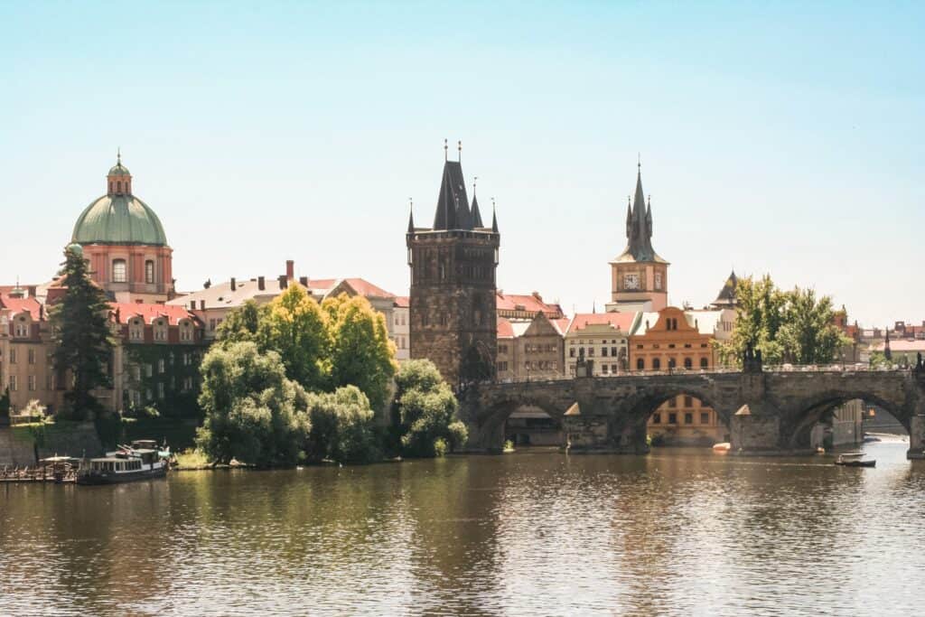 Prague's Charles Bridge from the river Vltava.
