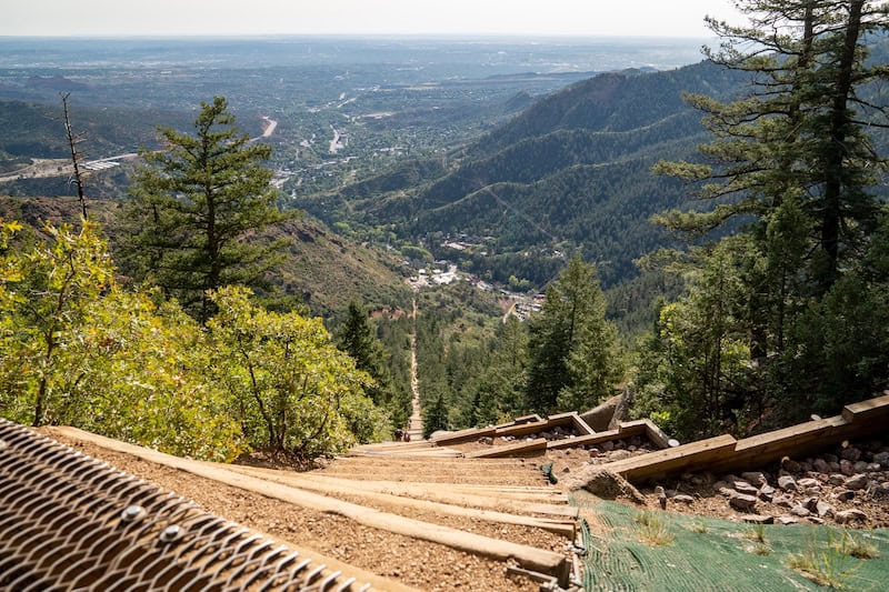 Manitou Incline. The old railroad ties that make up the Manitou Incline hike in Colorado. Looking down from the top shows how steep this is.